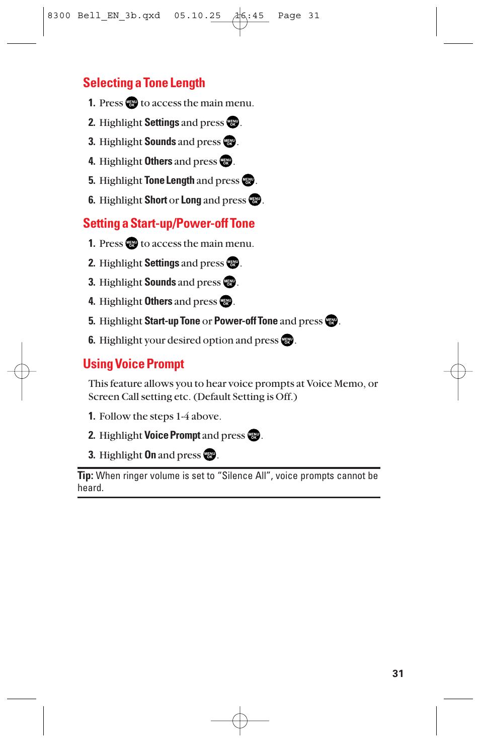 Selecting a tone length, Setting a start-up/power-off tone, Using voice prompt | Sanyo scp8300 User Manual | Page 38 / 179