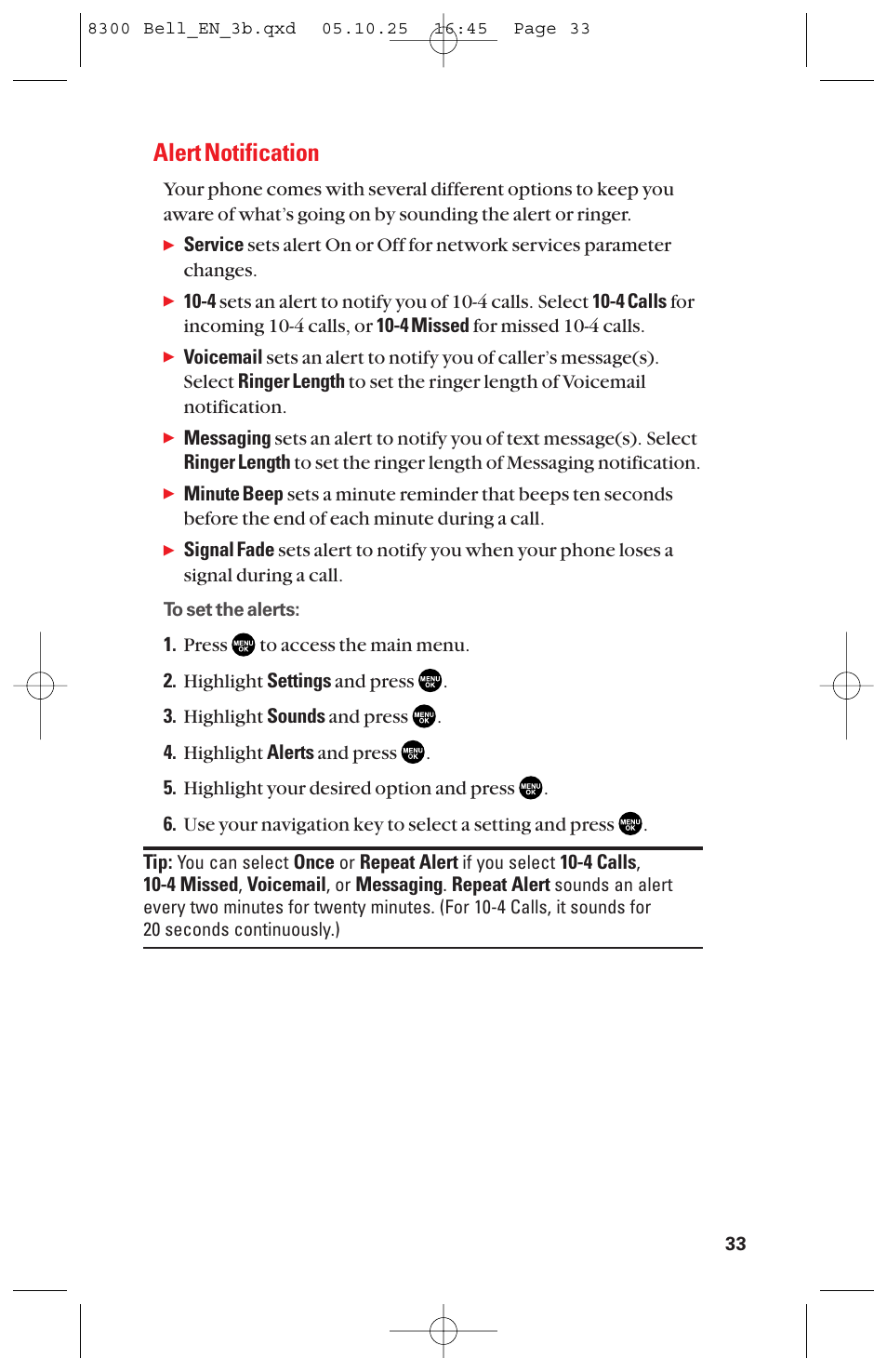 Alert notification | Sanyo scp8300 User Manual | Page 40 / 179