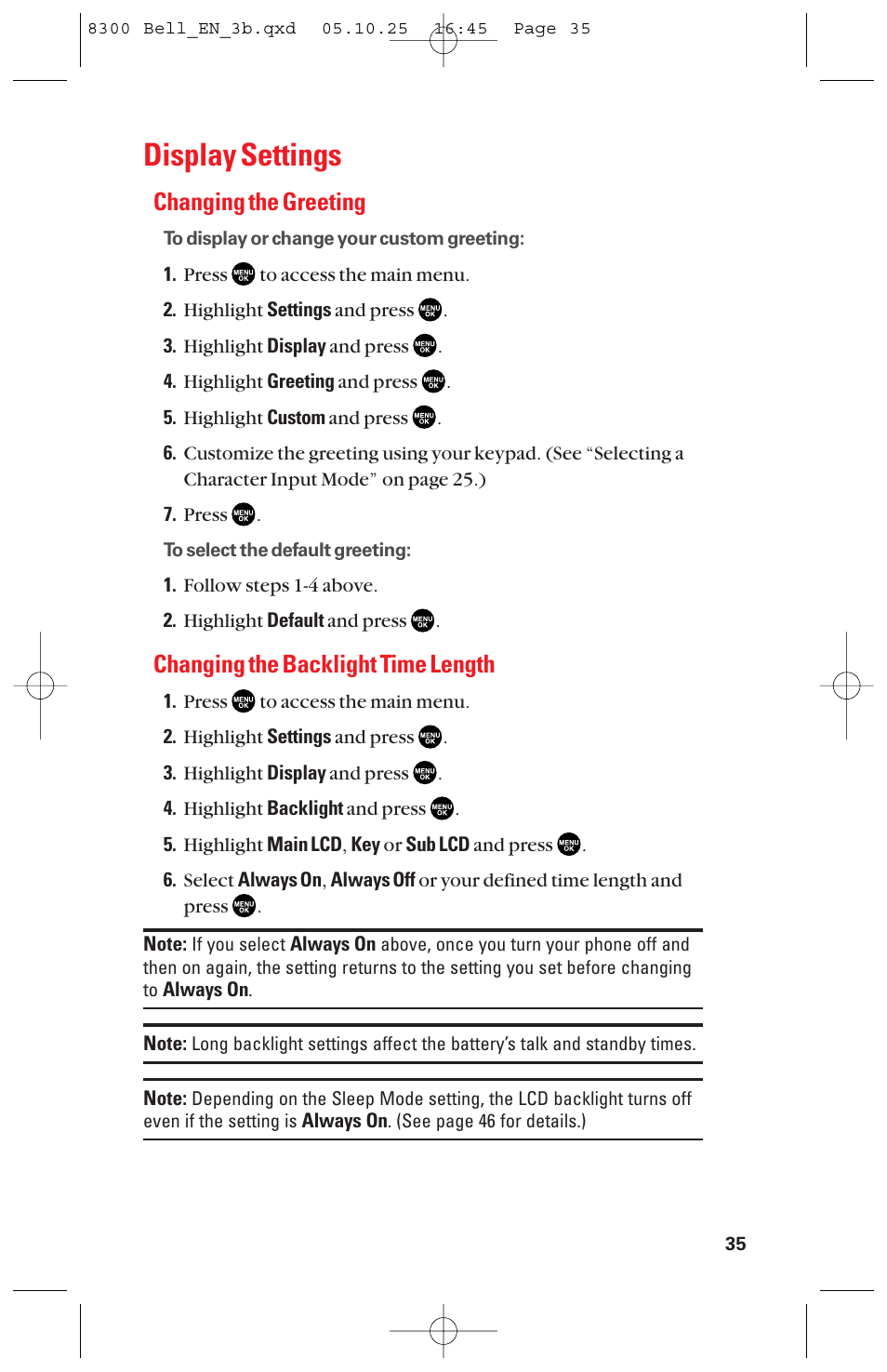 Display settings, Changing the greeting, Changing the backlight time length | Sanyo scp8300 User Manual | Page 42 / 179