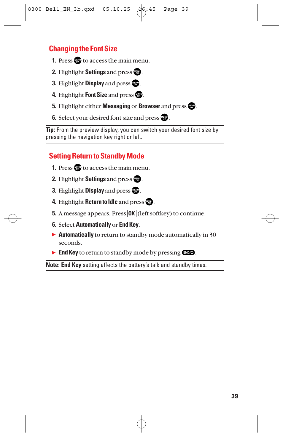 Changing the font size, Setting return to standby mode | Sanyo scp8300 User Manual | Page 46 / 179