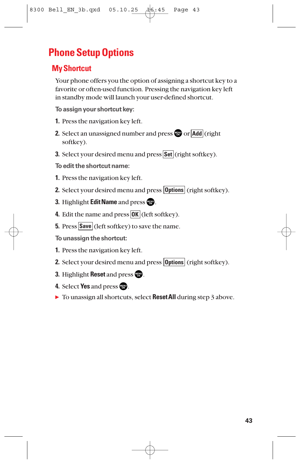 Phone setup options, My shortcut | Sanyo scp8300 User Manual | Page 50 / 179