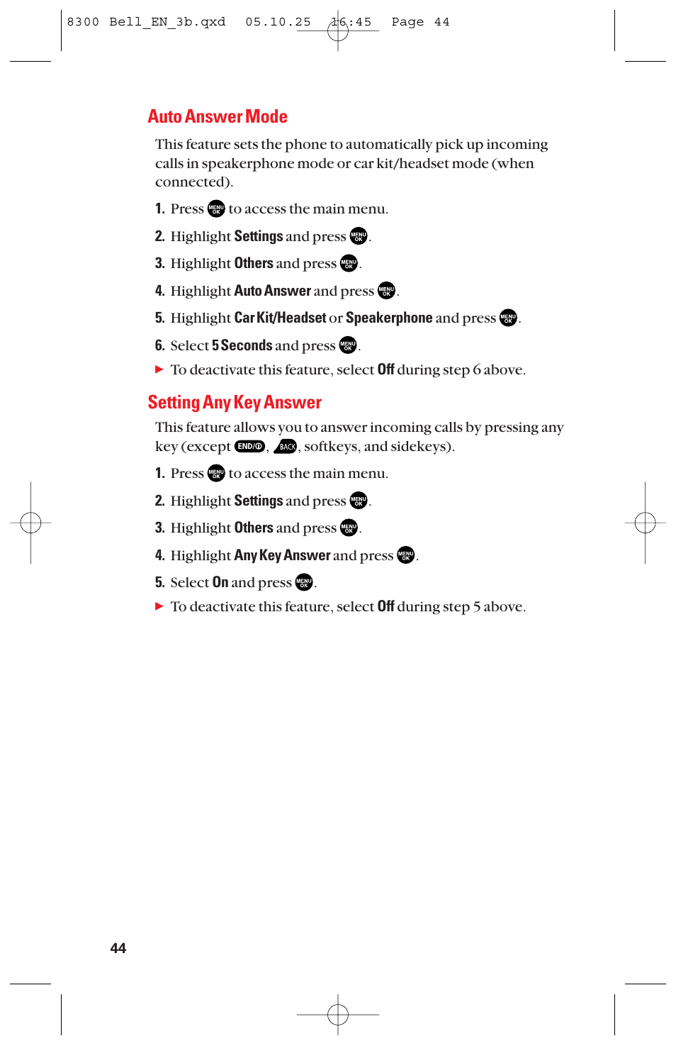 Auto answer mode, Setting any key answer | Sanyo scp8300 User Manual | Page 51 / 179