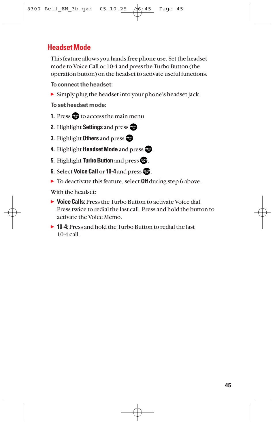 Headset mode | Sanyo scp8300 User Manual | Page 52 / 179