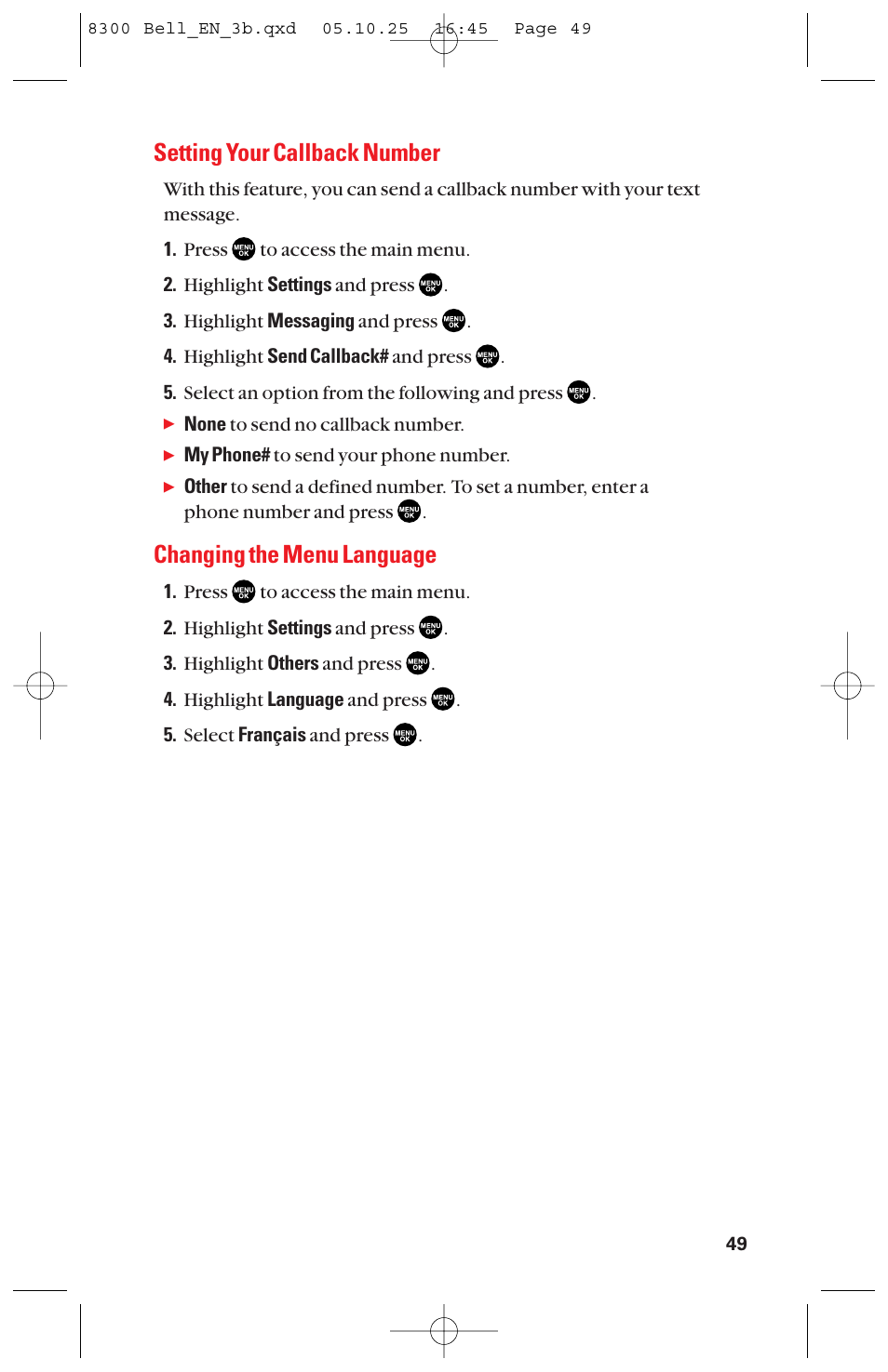 Setting your callback number, Changing the menu language | Sanyo scp8300 User Manual | Page 56 / 179