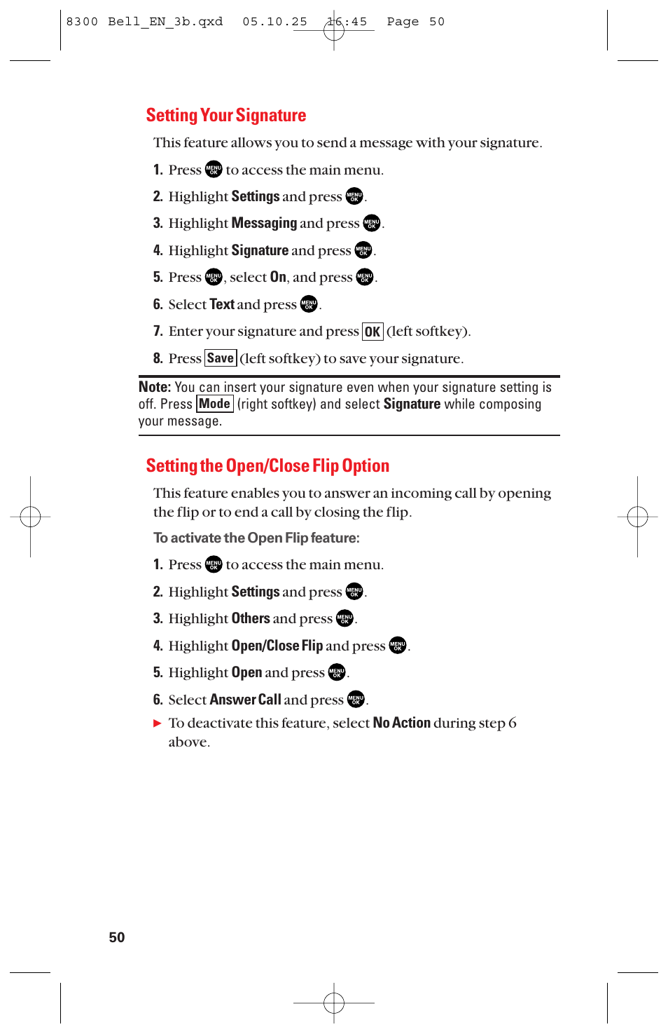 Setting your signature, Setting the open/close flip option | Sanyo scp8300 User Manual | Page 57 / 179