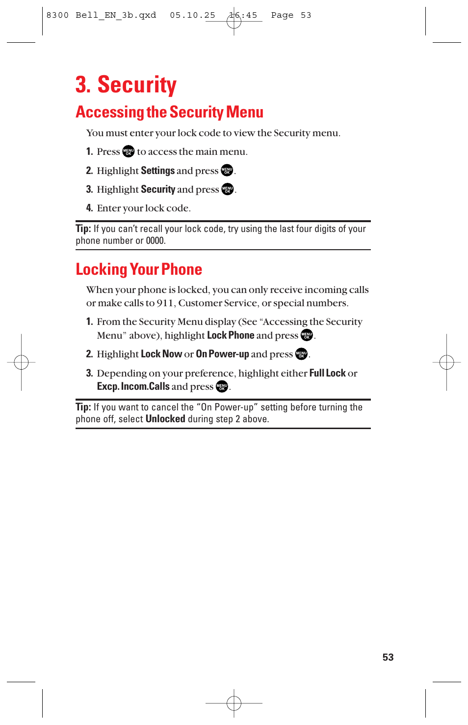 Security, Accessing the security menu, Locking your phone | Sanyo scp8300 User Manual | Page 60 / 179