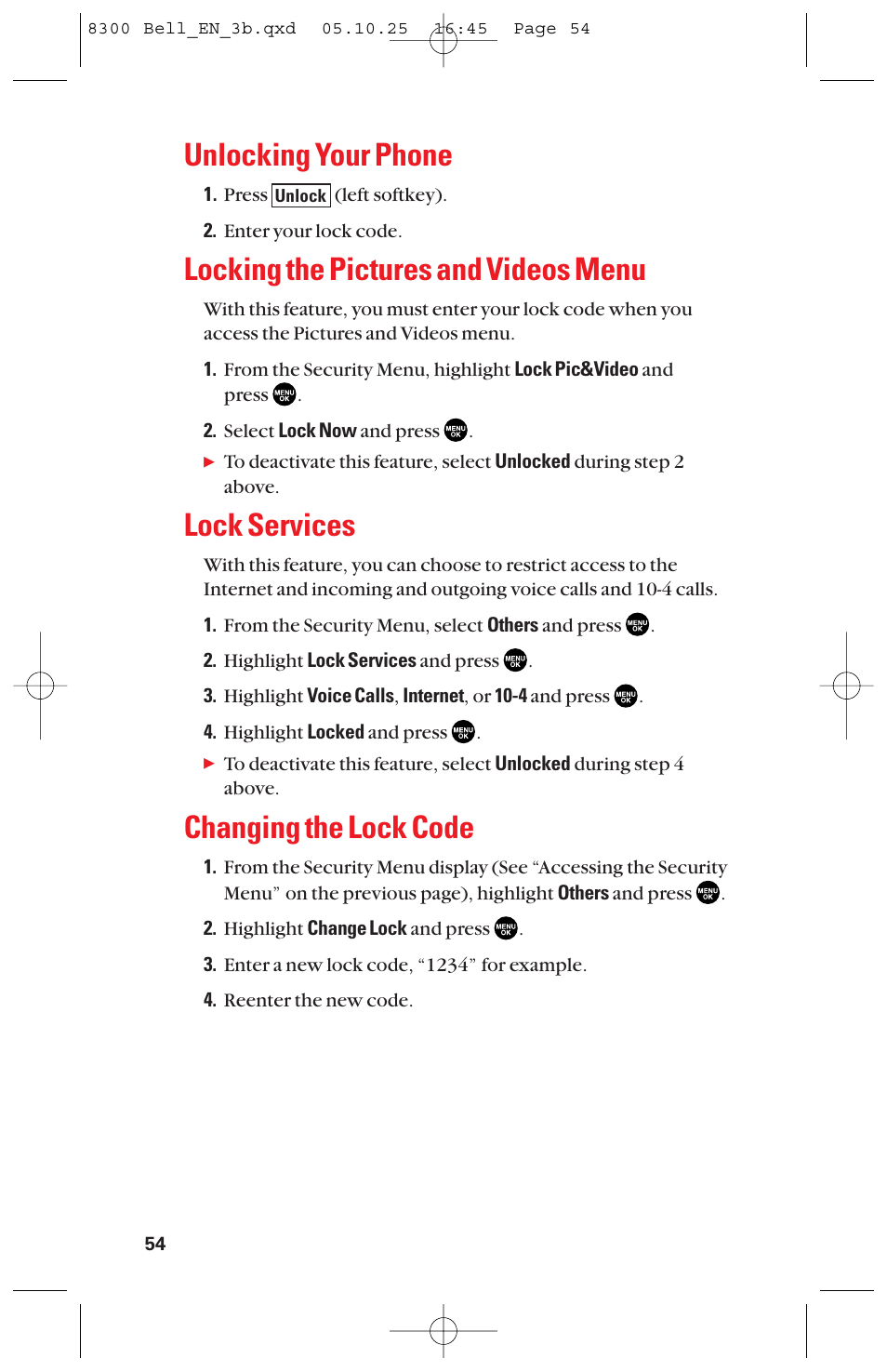Unlocking your phone, Locking the pictures and videos menu, Lock services | Changing the lock code | Sanyo scp8300 User Manual | Page 61 / 179