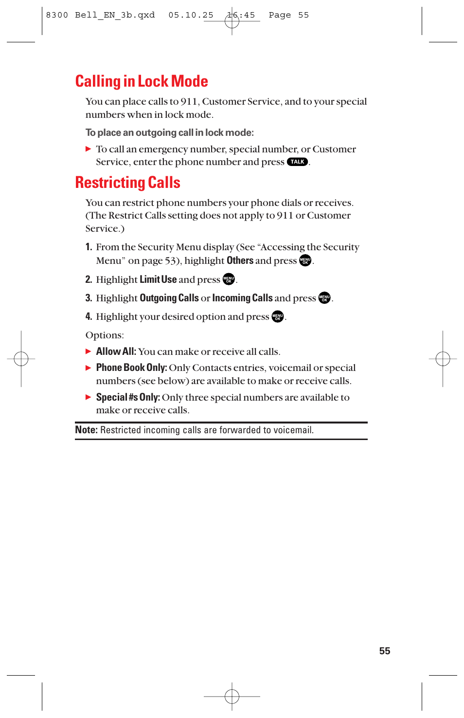 Calling in lock mode, Restricting calls | Sanyo scp8300 User Manual | Page 62 / 179