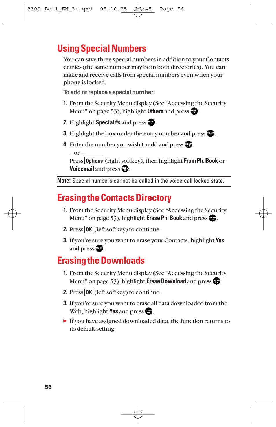 Using special numbers, Erasing the contacts directory, Erasing the downloads | Sanyo scp8300 User Manual | Page 63 / 179