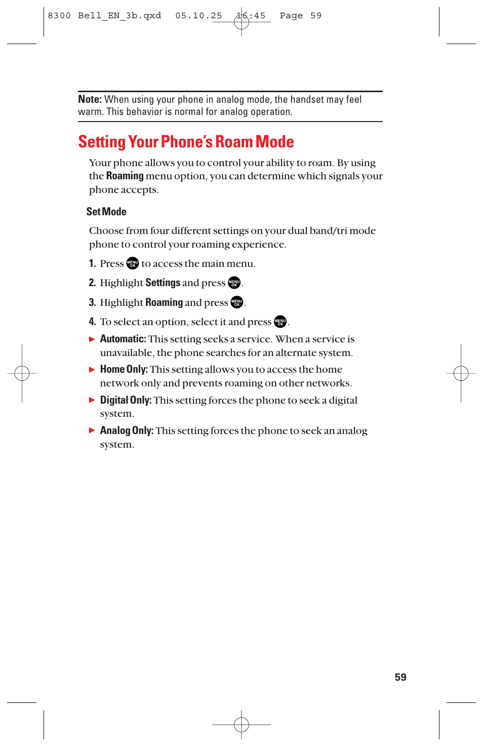 Setting your phone’s roam mode | Sanyo scp8300 User Manual | Page 66 / 179