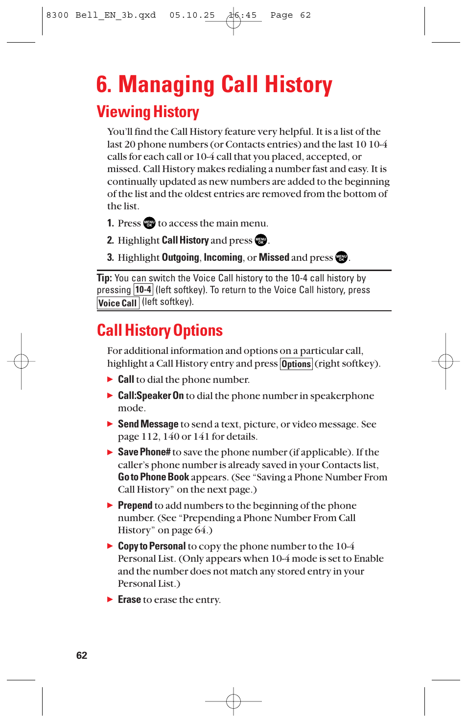 Managing call history, Viewing history, Call history options | Sanyo scp8300 User Manual | Page 69 / 179