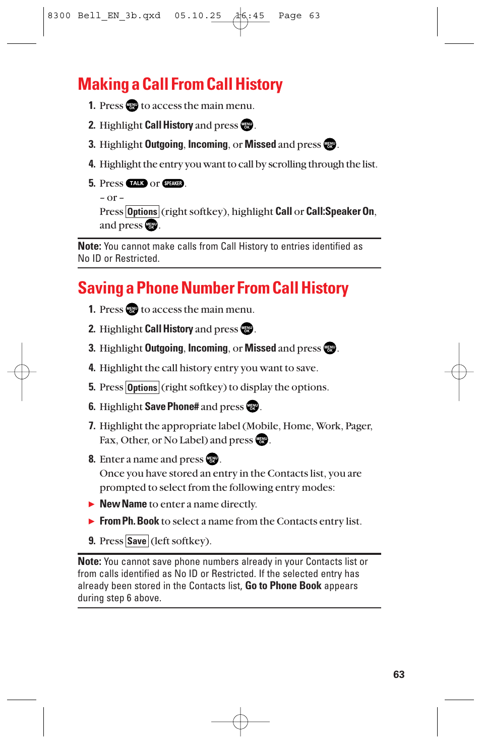 Making a call from call history, Saving a phone number from call history | Sanyo scp8300 User Manual | Page 70 / 179