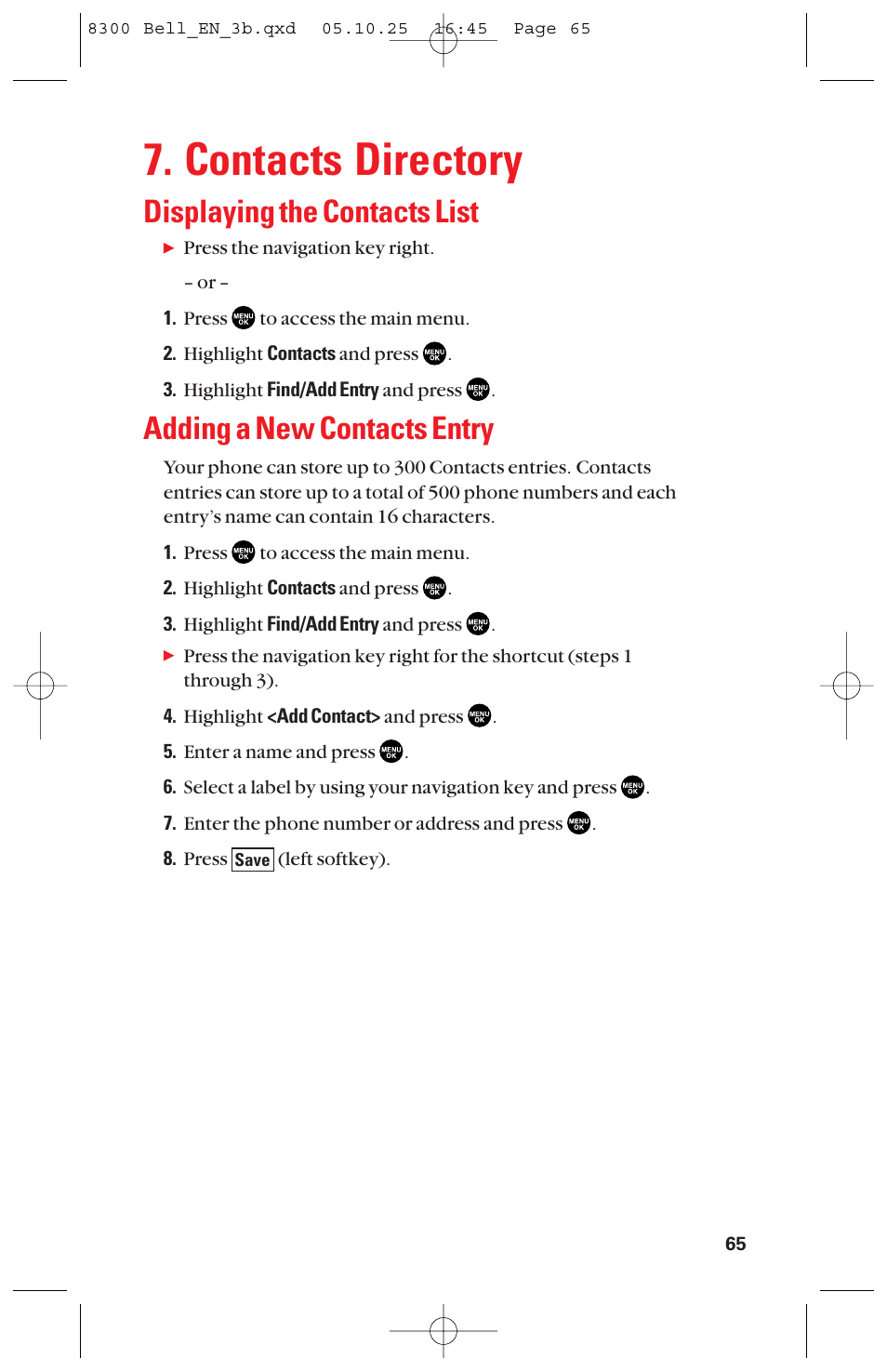 Contacts directory, Displaying the contacts list, Adding a new contacts entry | Sanyo scp8300 User Manual | Page 72 / 179