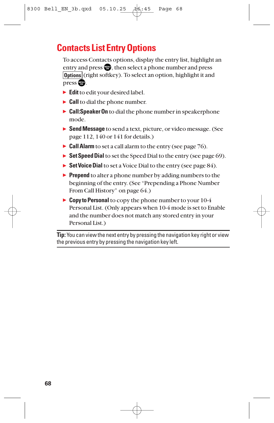 Contacts list entry options | Sanyo scp8300 User Manual | Page 75 / 179