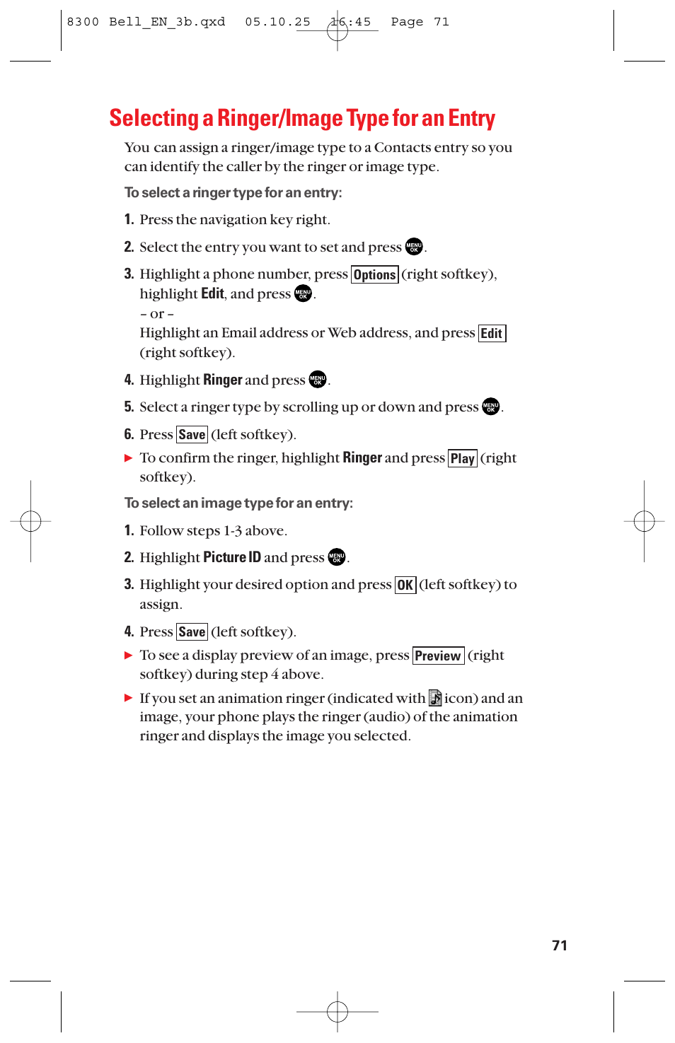 Selecting a ringer/image type for an entry | Sanyo scp8300 User Manual | Page 78 / 179