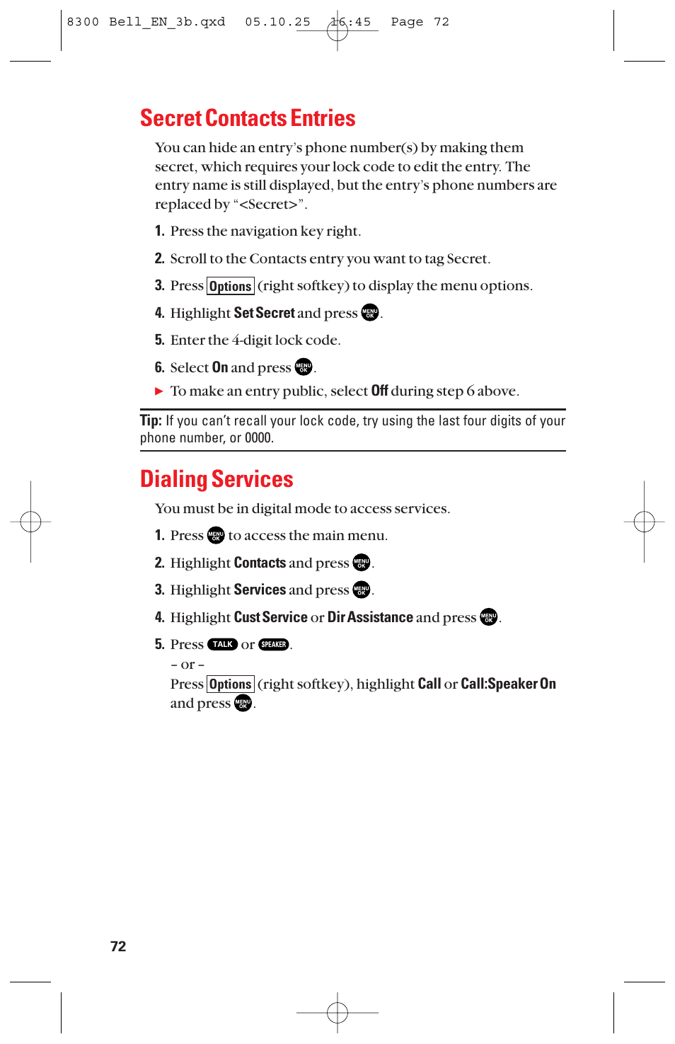 Secret contacts entries, Dialing services | Sanyo scp8300 User Manual | Page 79 / 179