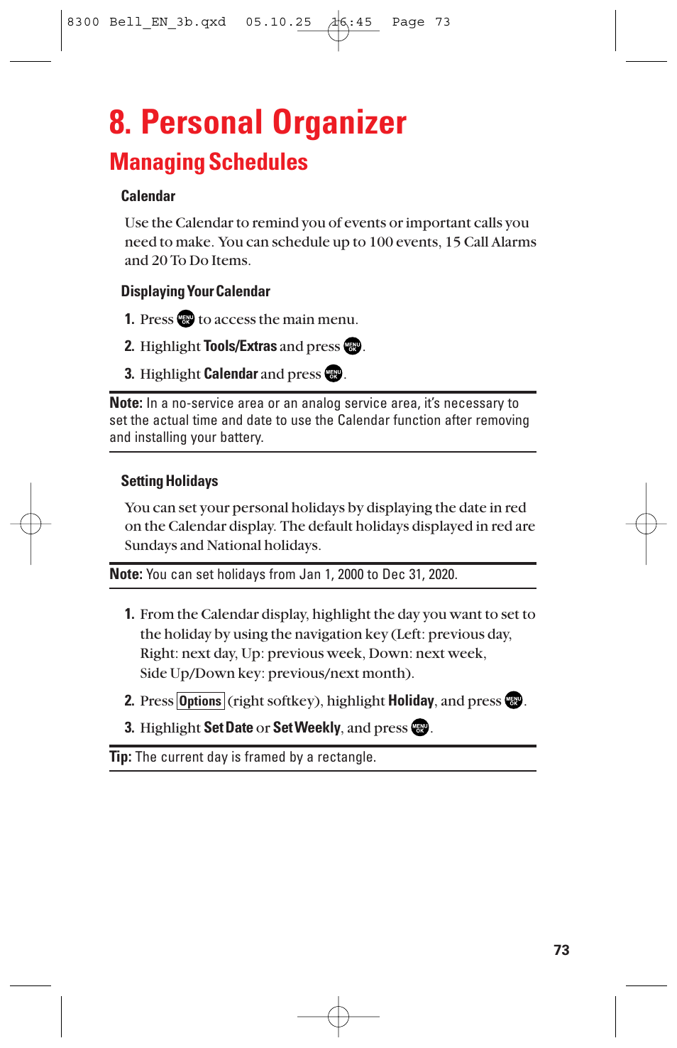 Personal organizer, Managing schedules | Sanyo scp8300 User Manual | Page 80 / 179