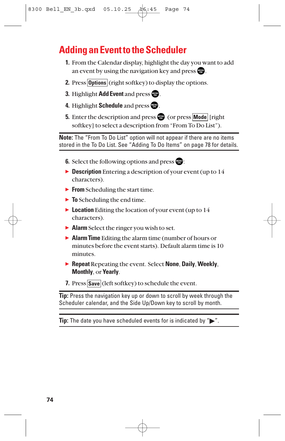 Adding an event to the scheduler | Sanyo scp8300 User Manual | Page 81 / 179