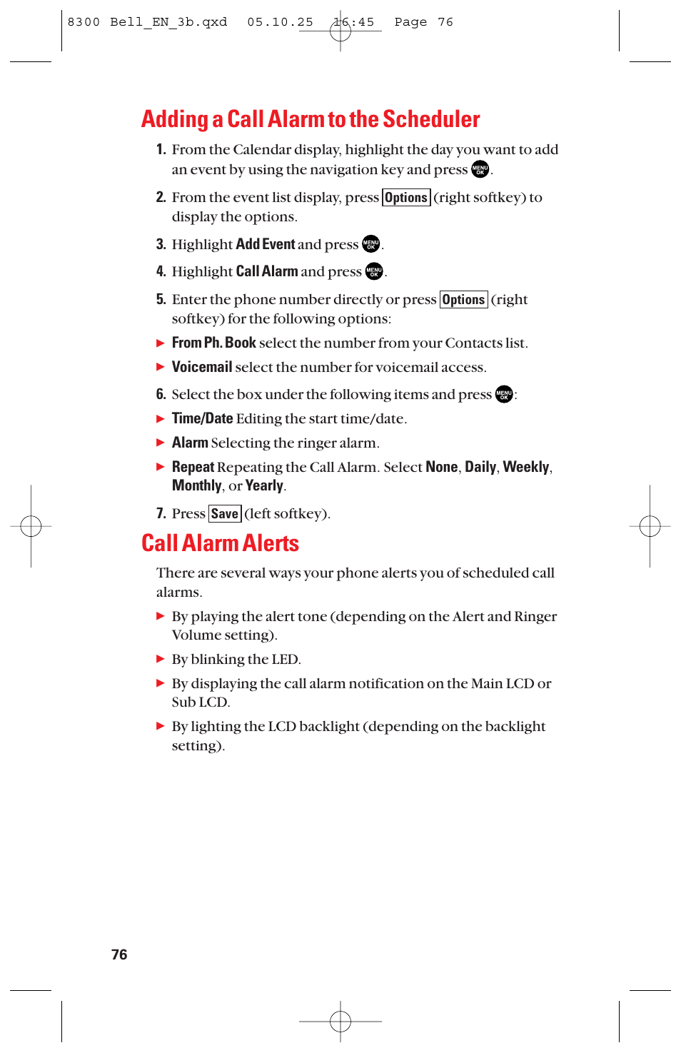 Adding a call alarm to the scheduler, Call alarm alerts | Sanyo scp8300 User Manual | Page 83 / 179