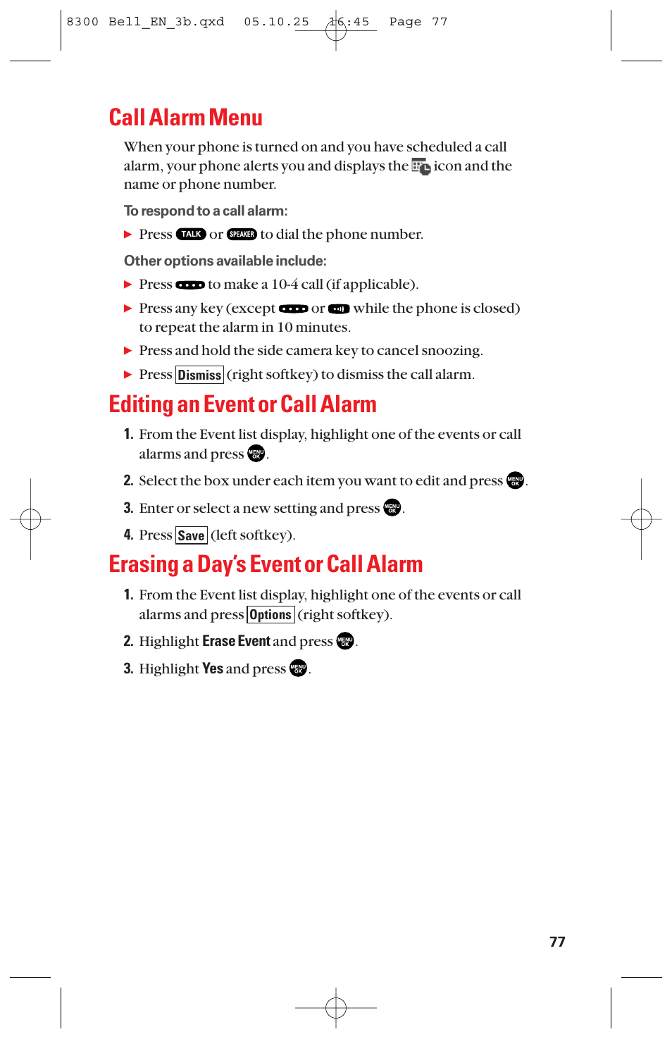 Call alarm menu, Editing an event or call alarm, Erasing a day’s event or call alarm | Sanyo scp8300 User Manual | Page 84 / 179