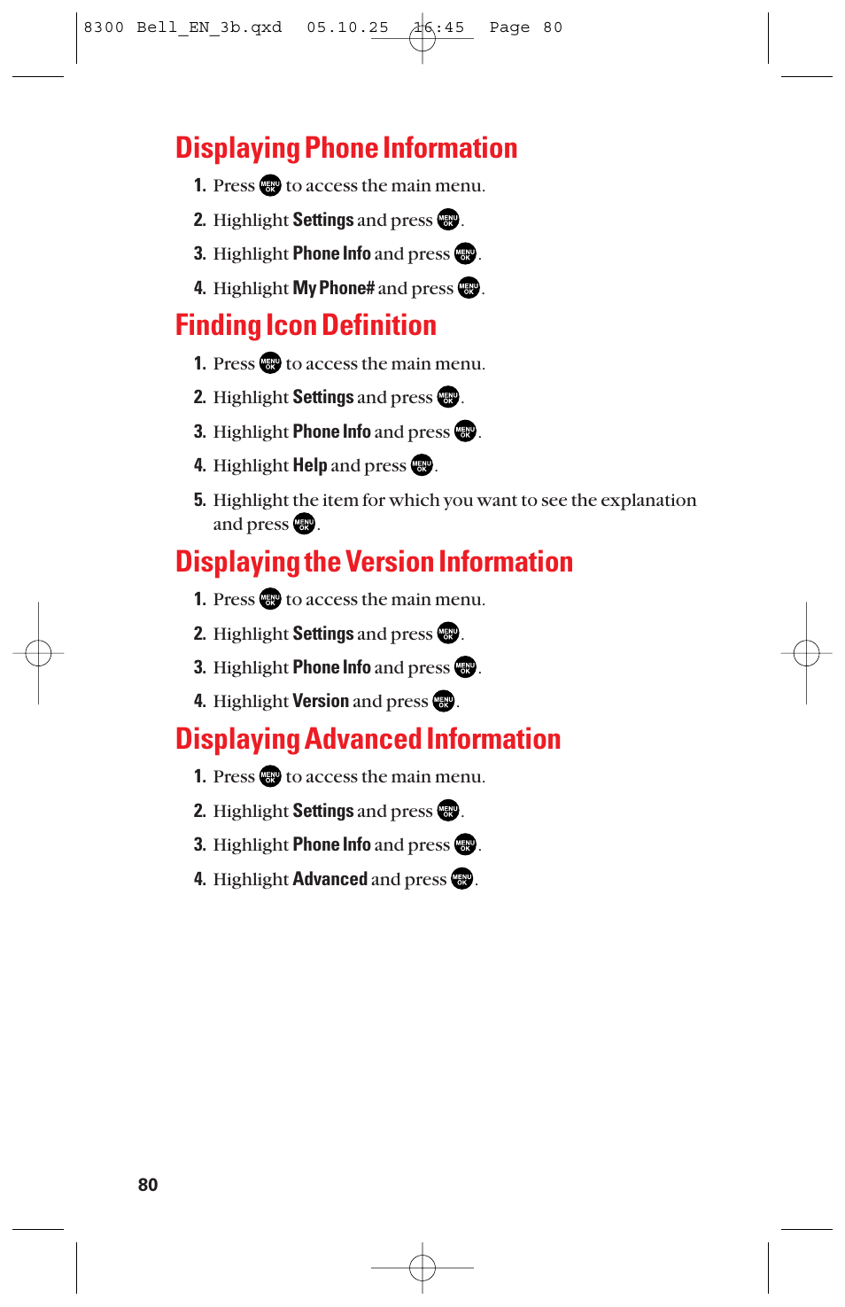 Displaying phone information, Finding icon definition, Displaying the version information | Displaying advanced information | Sanyo scp8300 User Manual | Page 87 / 179