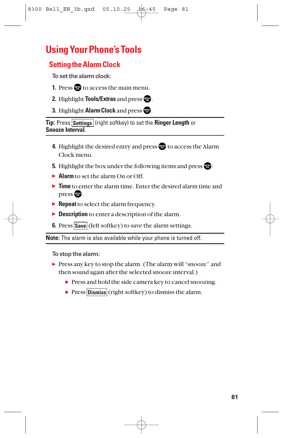 Using your phone’s tools, Setting the alarm clock | Sanyo scp8300 User Manual | Page 88 / 179