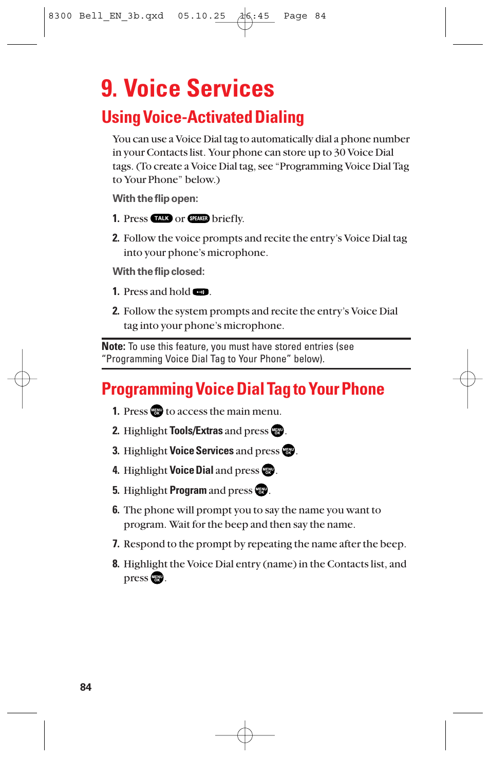 Voice services, Using voice-activated dialing, Programming voice dial tag to your phone | Sanyo scp8300 User Manual | Page 91 / 179