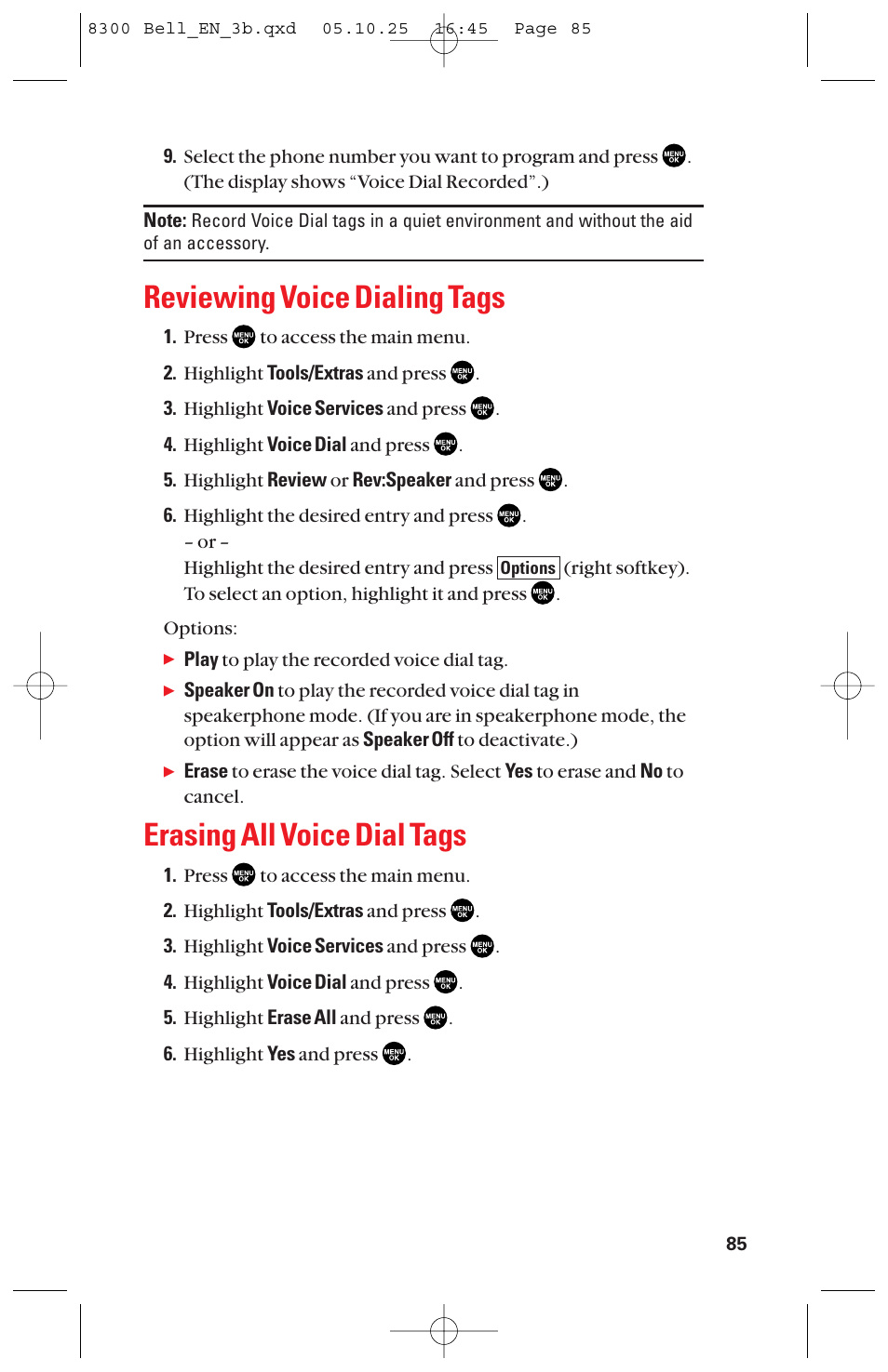 Reviewing voice dialing tags, Erasing all voice dial tags | Sanyo scp8300 User Manual | Page 92 / 179