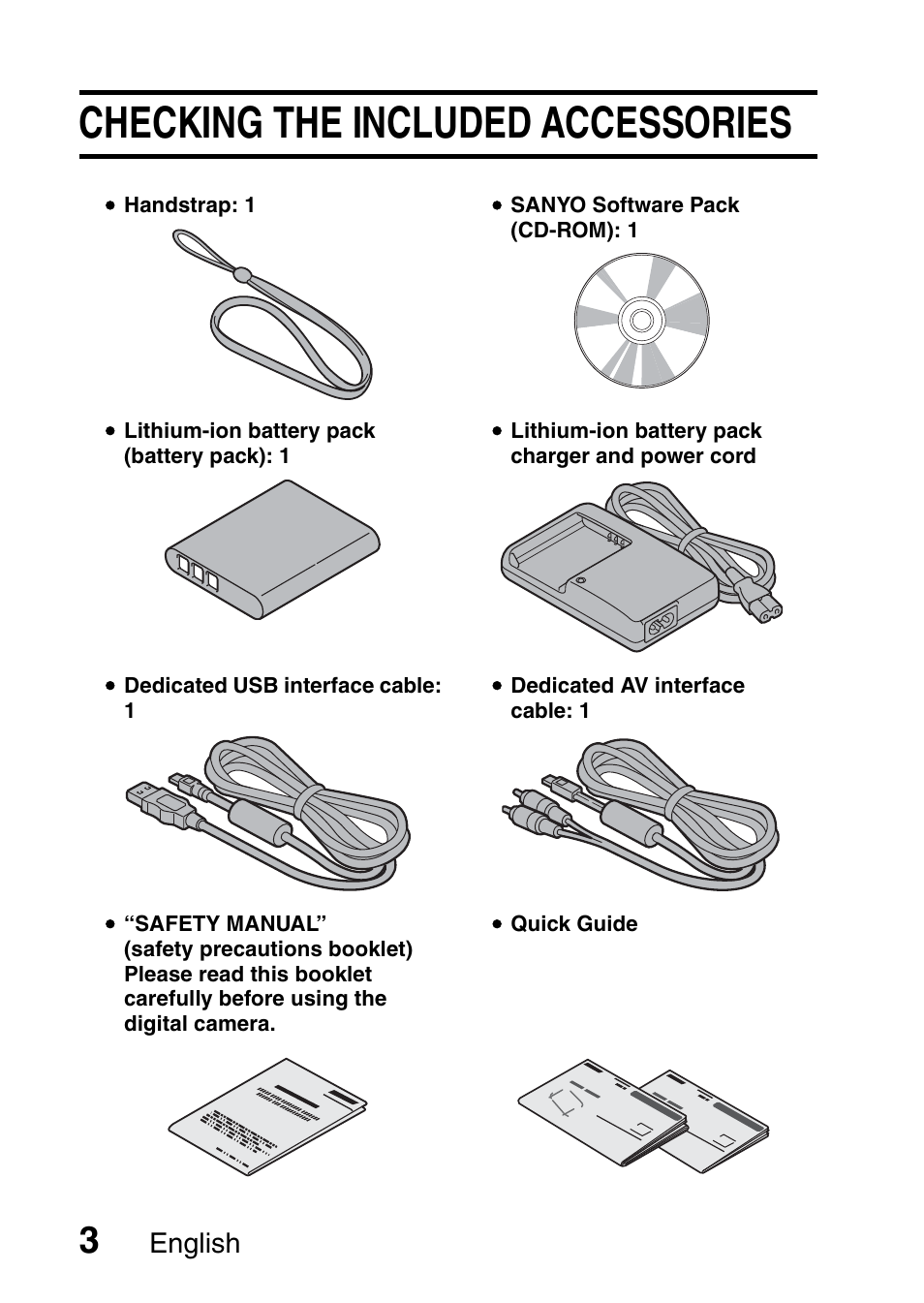 Checking the included accessories, English | Sanyo VPC-X1200 User Manual | Page 12 / 72
