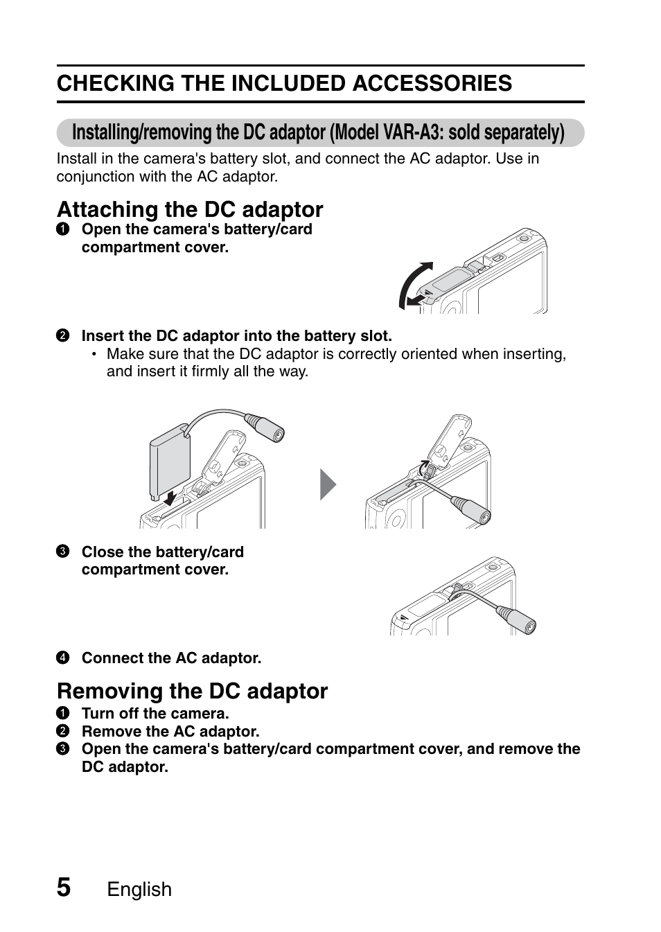 Attaching the dc adaptor, Removing the dc adaptor, English | Sanyo VPC-X1200 User Manual | Page 14 / 72