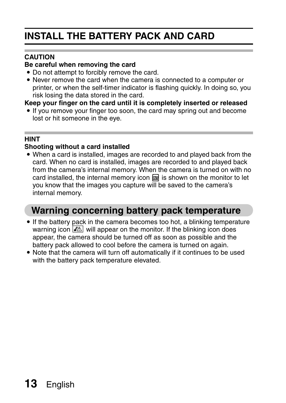 Install the battery pack and card, Warning concerning battery pack temperature, English | Sanyo VPC-X1200 User Manual | Page 22 / 72