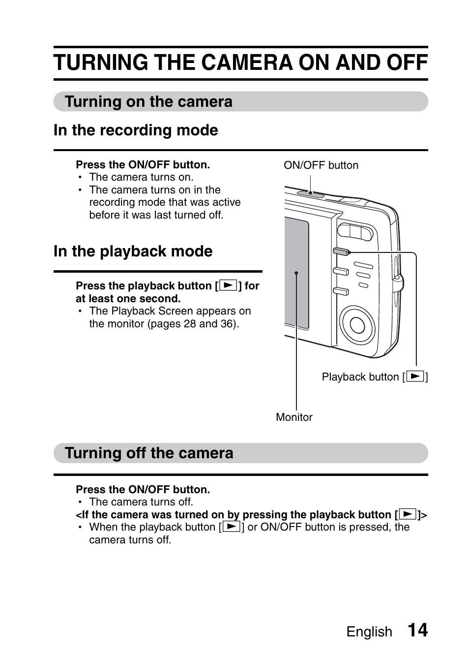 Turning the camera on and off | Sanyo VPC-X1200 User Manual | Page 23 / 72