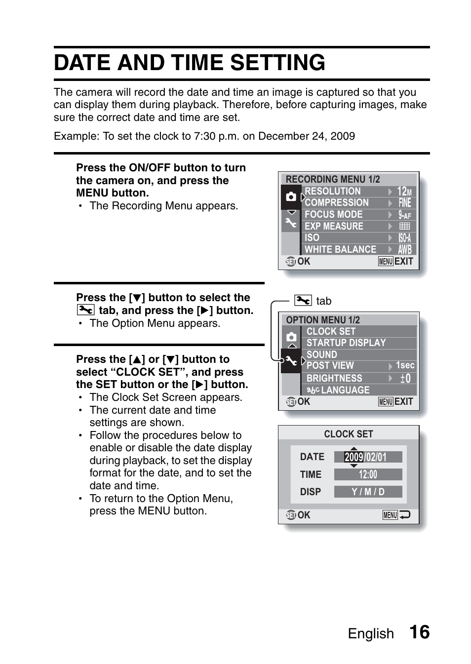 Date and time setting, English | Sanyo VPC-X1200 User Manual | Page 25 / 72