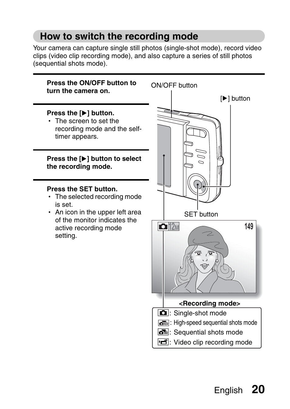 How to switch the recording mode | Sanyo VPC-X1200 User Manual | Page 29 / 72