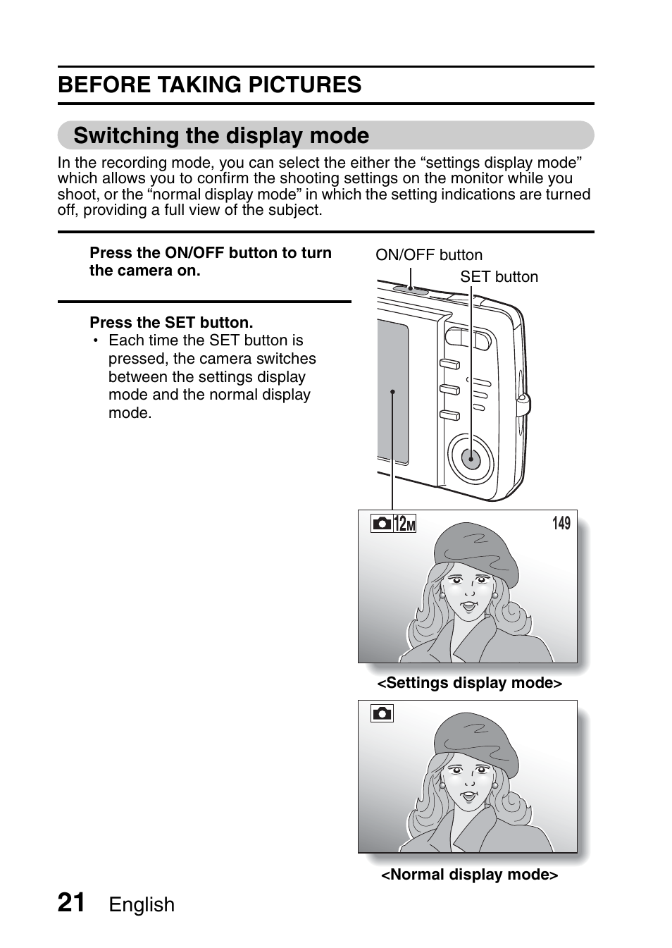 Before taking pictures switching the display mode | Sanyo VPC-X1200 User Manual | Page 30 / 72