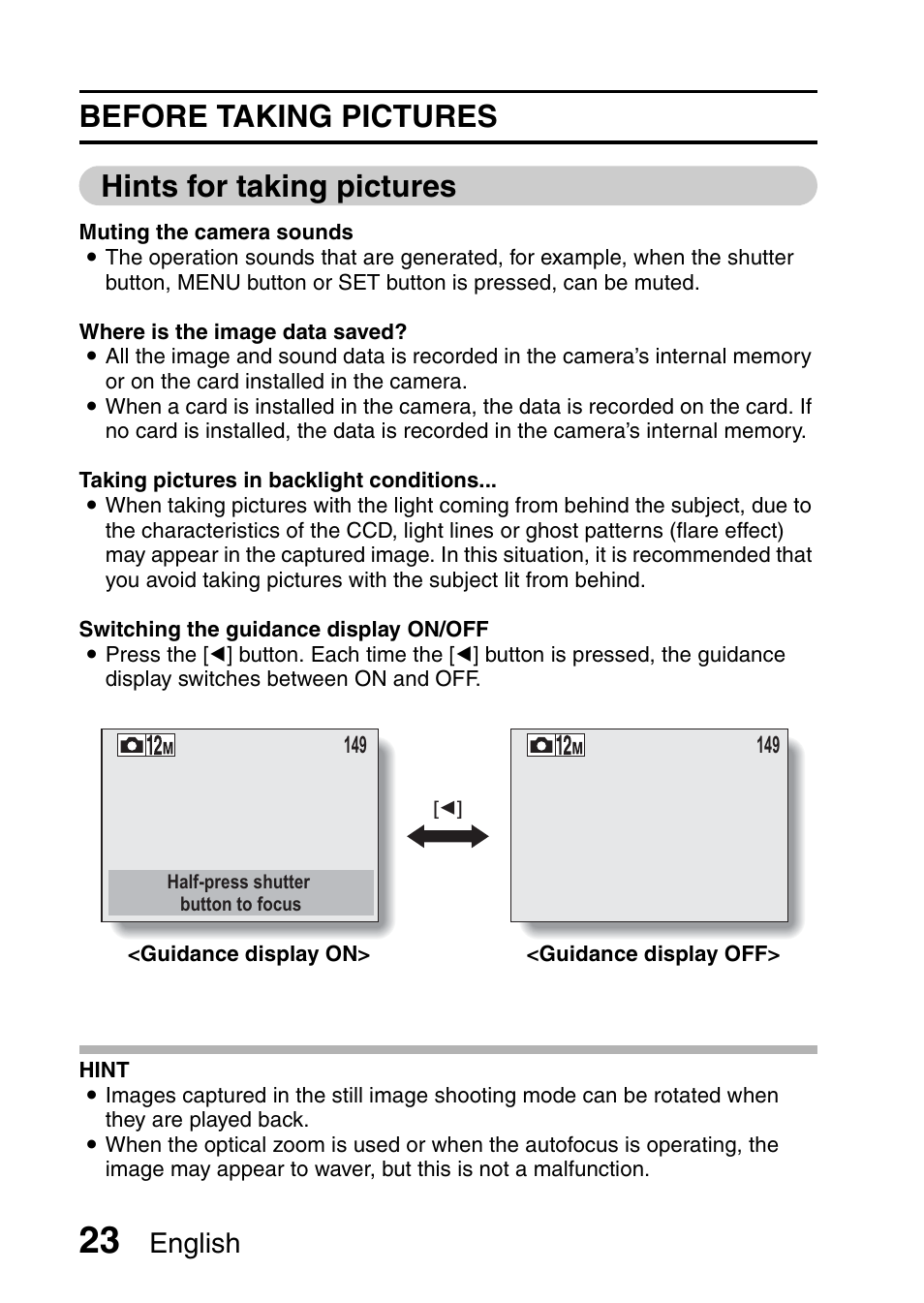 Before taking pictures hints for taking pictures, English | Sanyo VPC-X1200 User Manual | Page 32 / 72