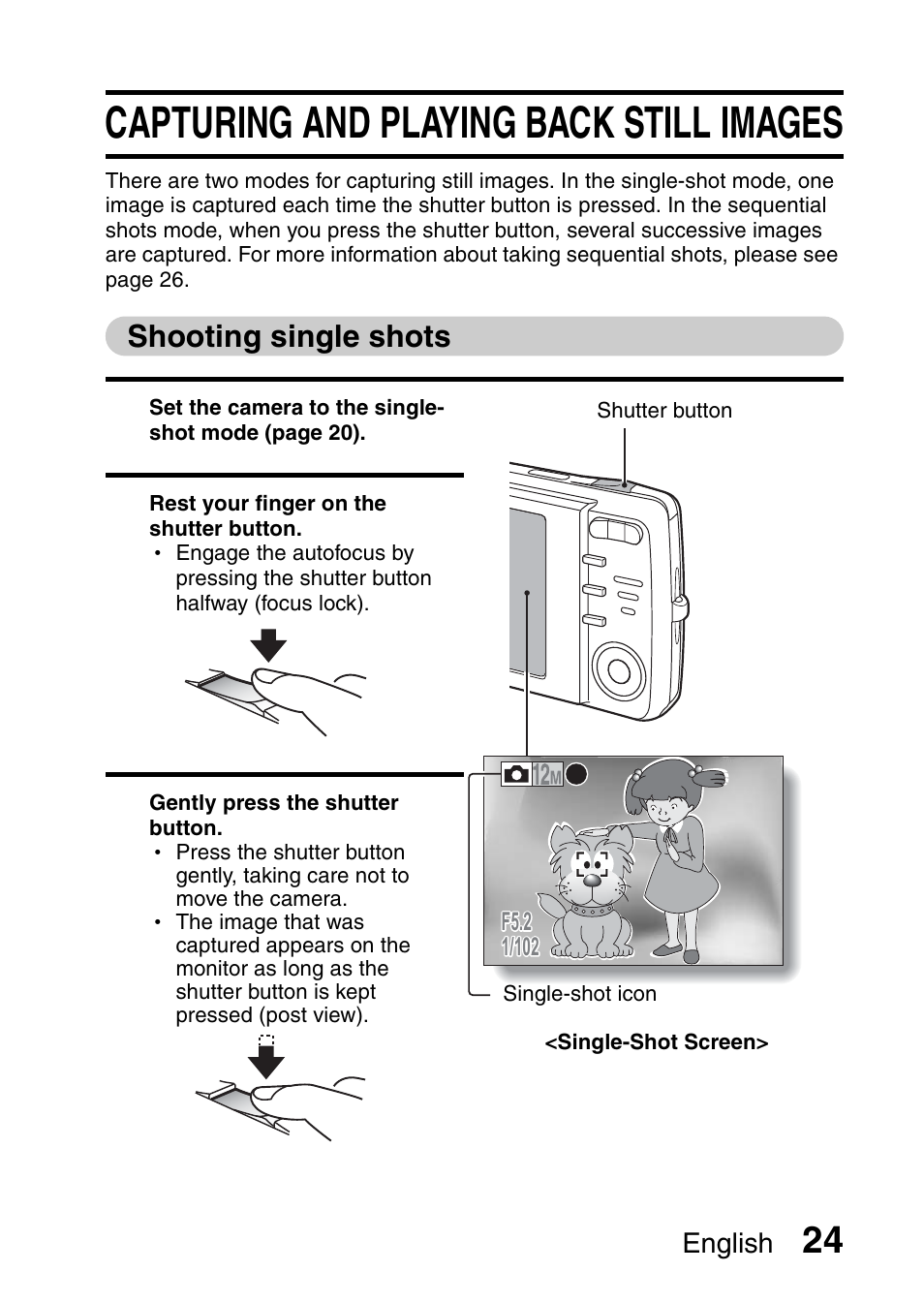 Capturing and playing back still images, Shooting single shots | Sanyo VPC-X1200 User Manual | Page 33 / 72