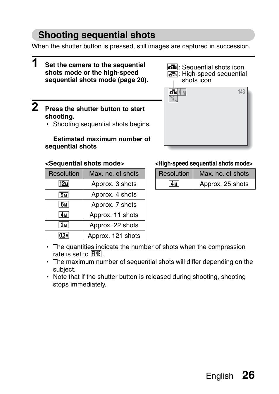 Shooting sequential shots, English | Sanyo VPC-X1200 User Manual | Page 35 / 72