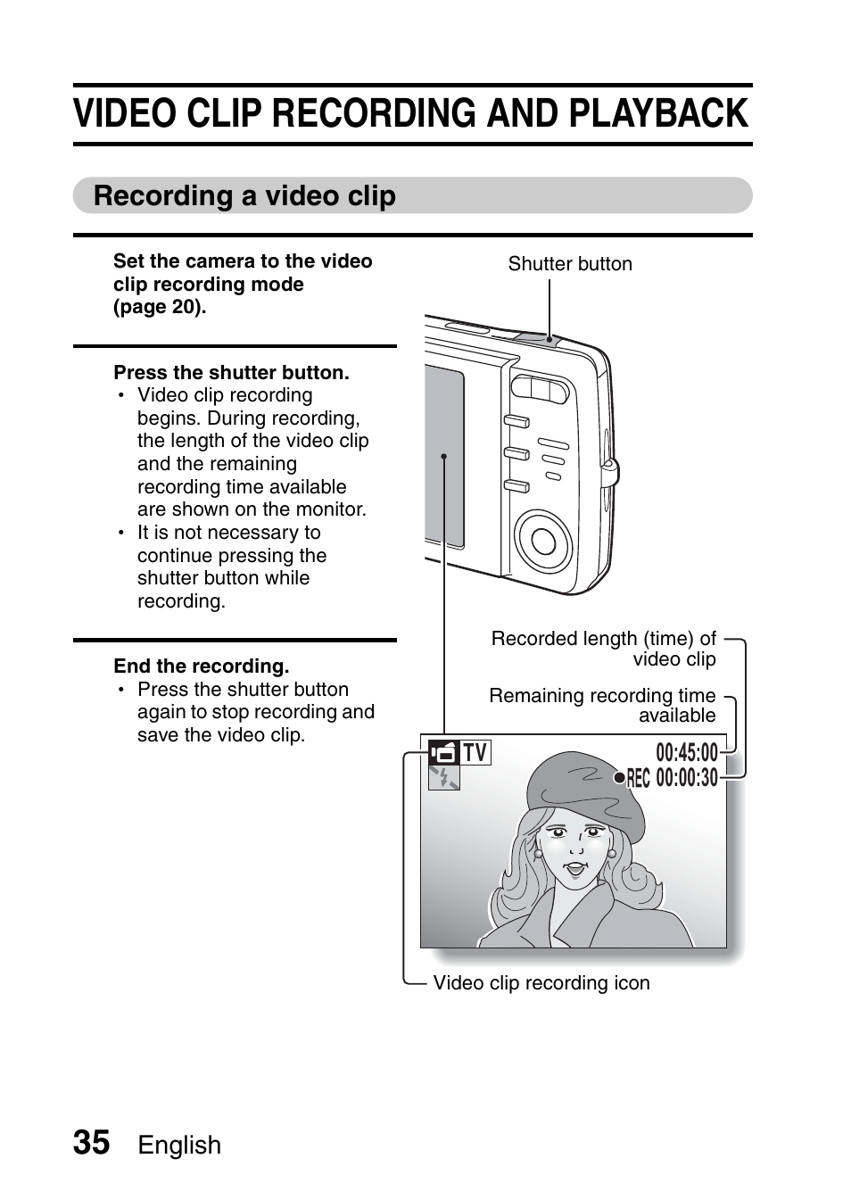 Video clip recording and playback | Sanyo VPC-X1200 User Manual | Page 44 / 72