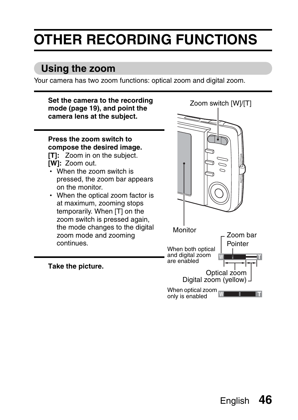 Other recording functions, Using the zoom | Sanyo VPC-X1200 User Manual | Page 55 / 72