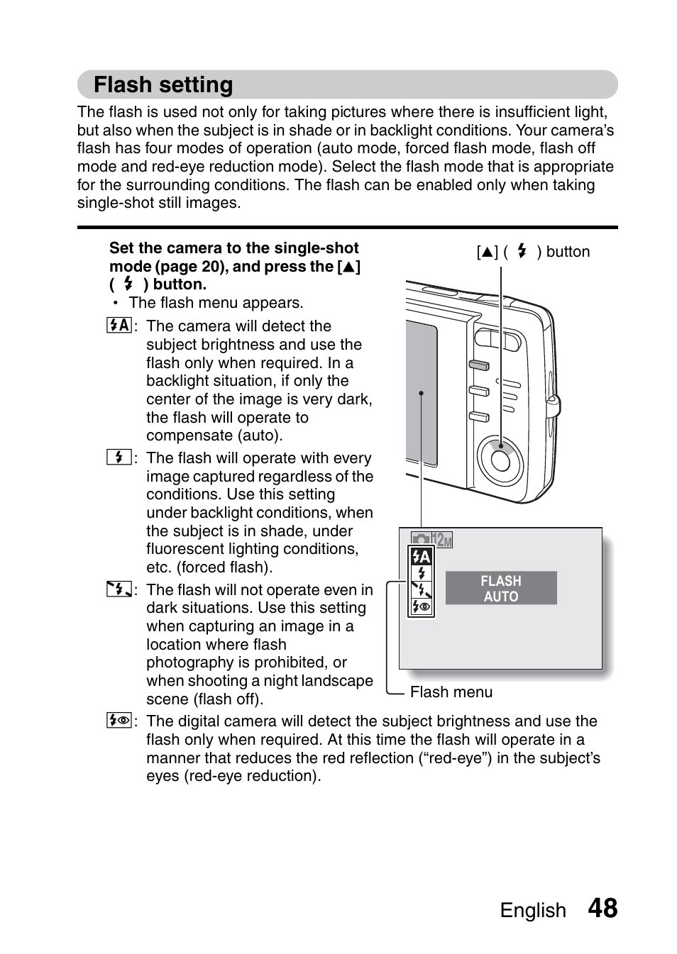 Flash setting, English | Sanyo VPC-X1200 User Manual | Page 57 / 72