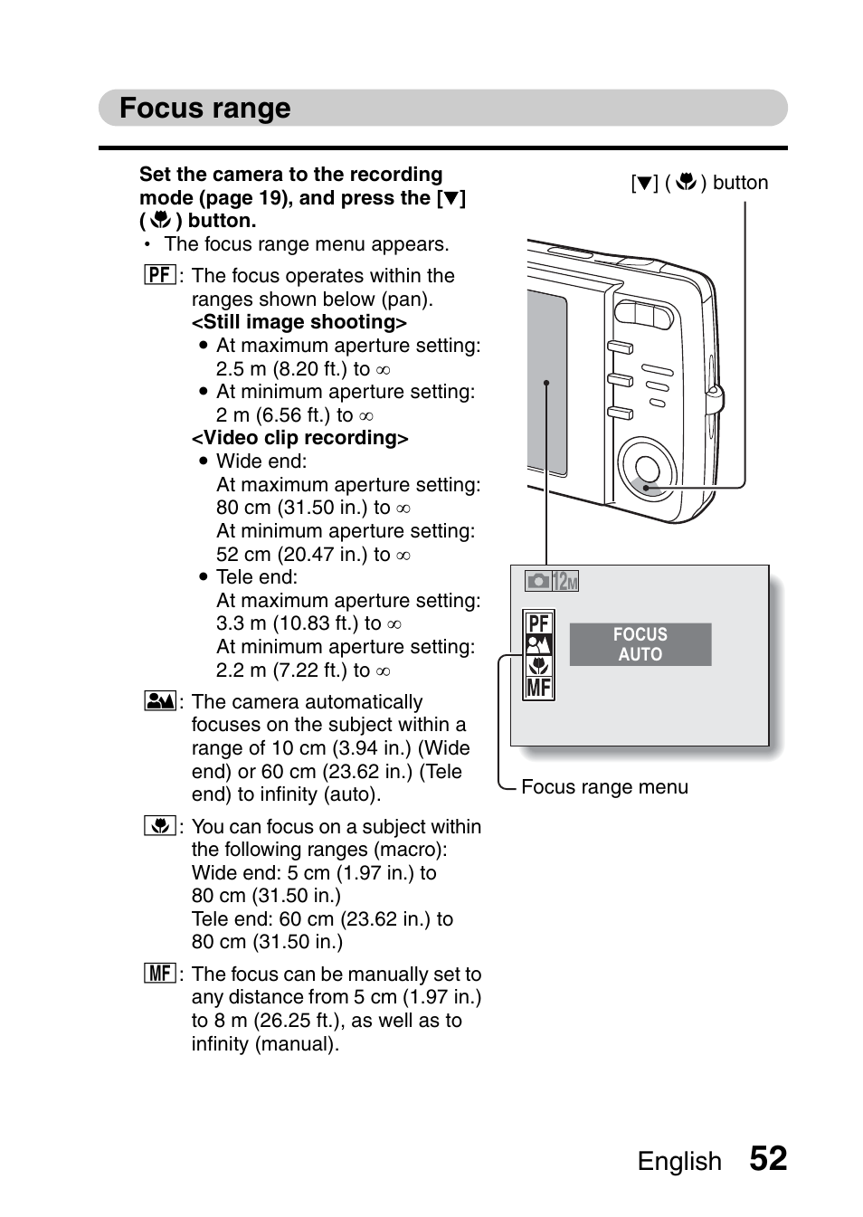 Focus range, English | Sanyo VPC-X1200 User Manual | Page 61 / 72