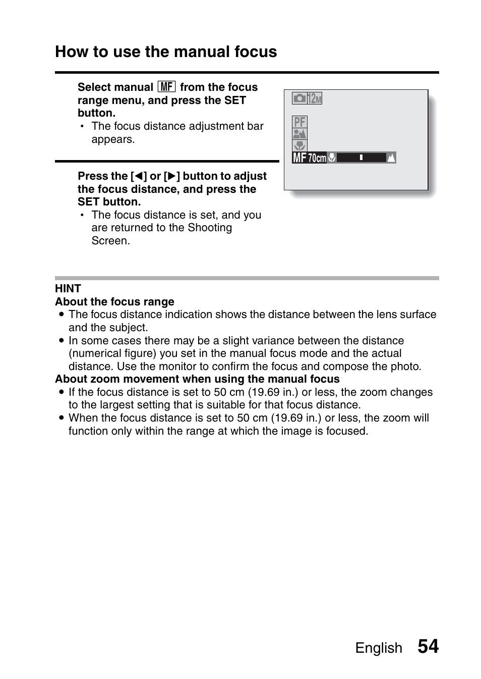 How to use the manual focus, English | Sanyo VPC-X1200 User Manual | Page 63 / 72