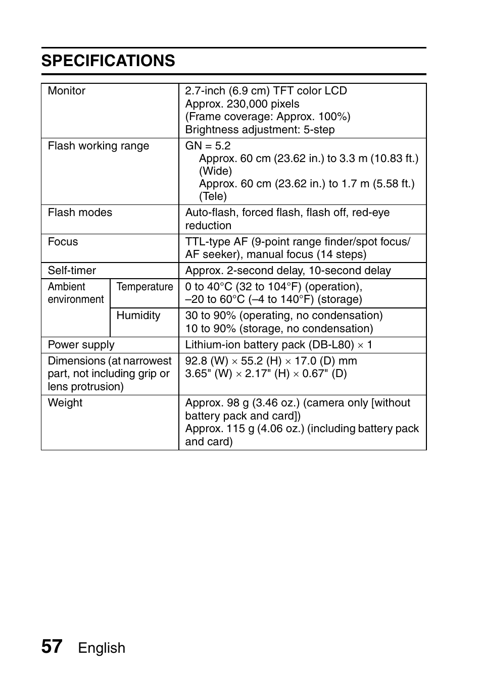 Specifications, English | Sanyo VPC-X1200 User Manual | Page 66 / 72