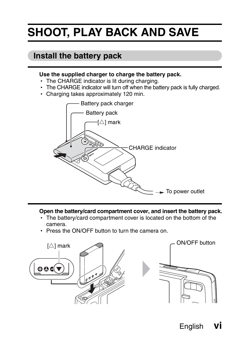 Shoot, play back and save, Install the battery pack | Sanyo VPC-X1200 User Manual | Page 7 / 72