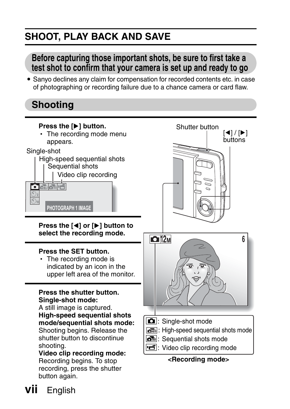 Shooting | Sanyo VPC-X1200 User Manual | Page 8 / 72