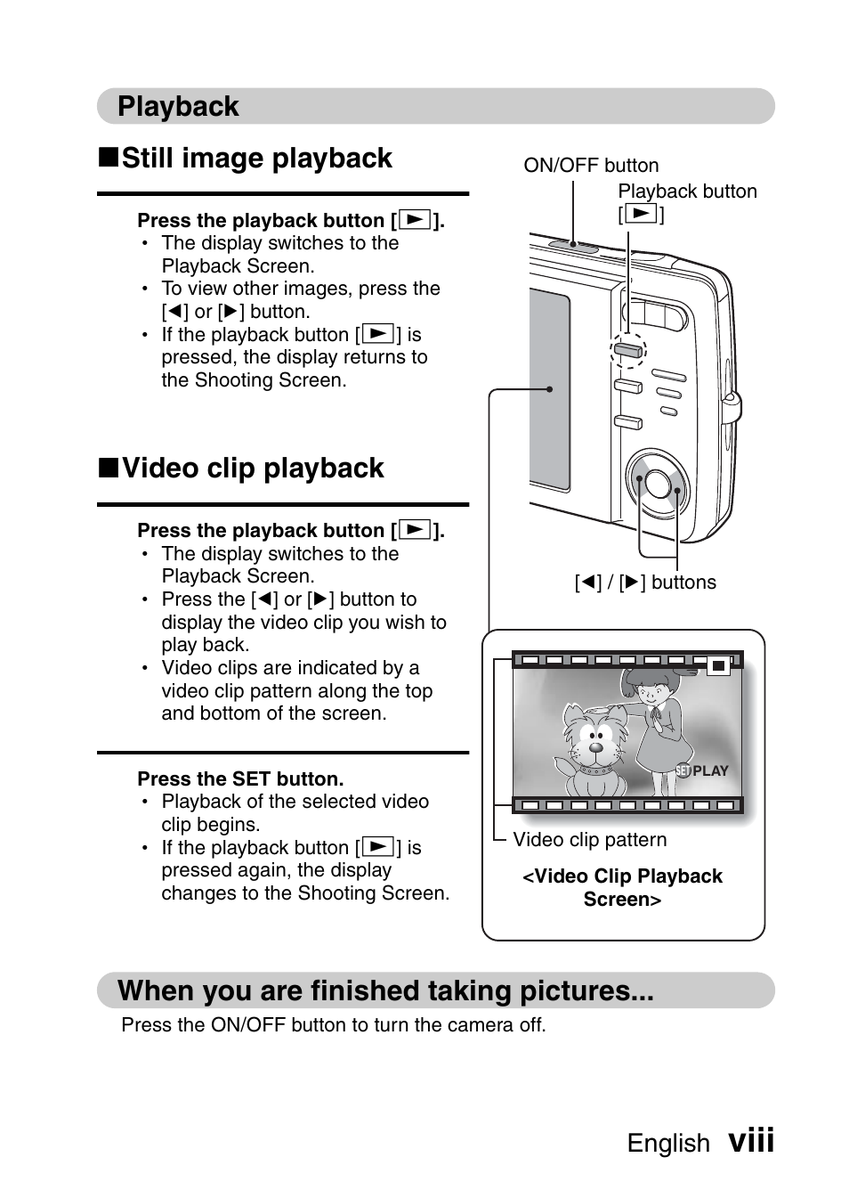Viii, Playback k still image playback, K video clip playback | When you are finished taking pictures, English | Sanyo VPC-X1200 User Manual | Page 9 / 72