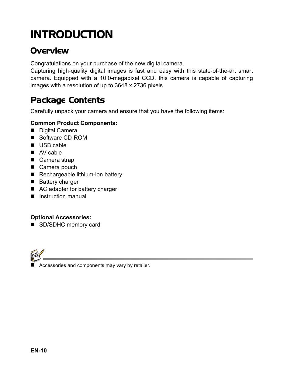 Introduction, Overview, Package contents | Sanyo VPC-T1060 User Manual | Page 11 / 47