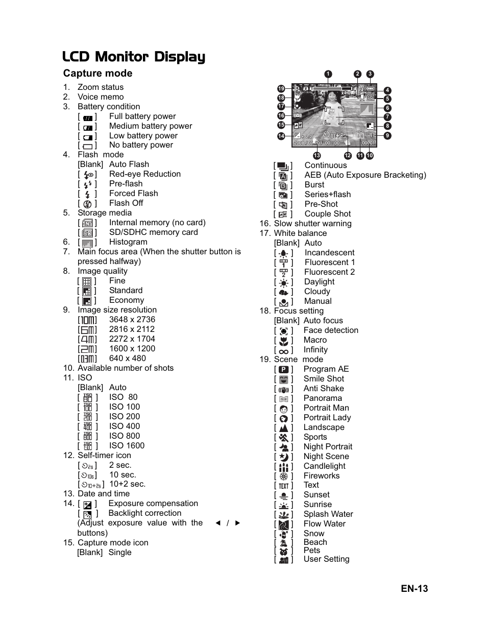 Lcd monitor display, Capture mode | Sanyo VPC-T1060 User Manual | Page 14 / 47