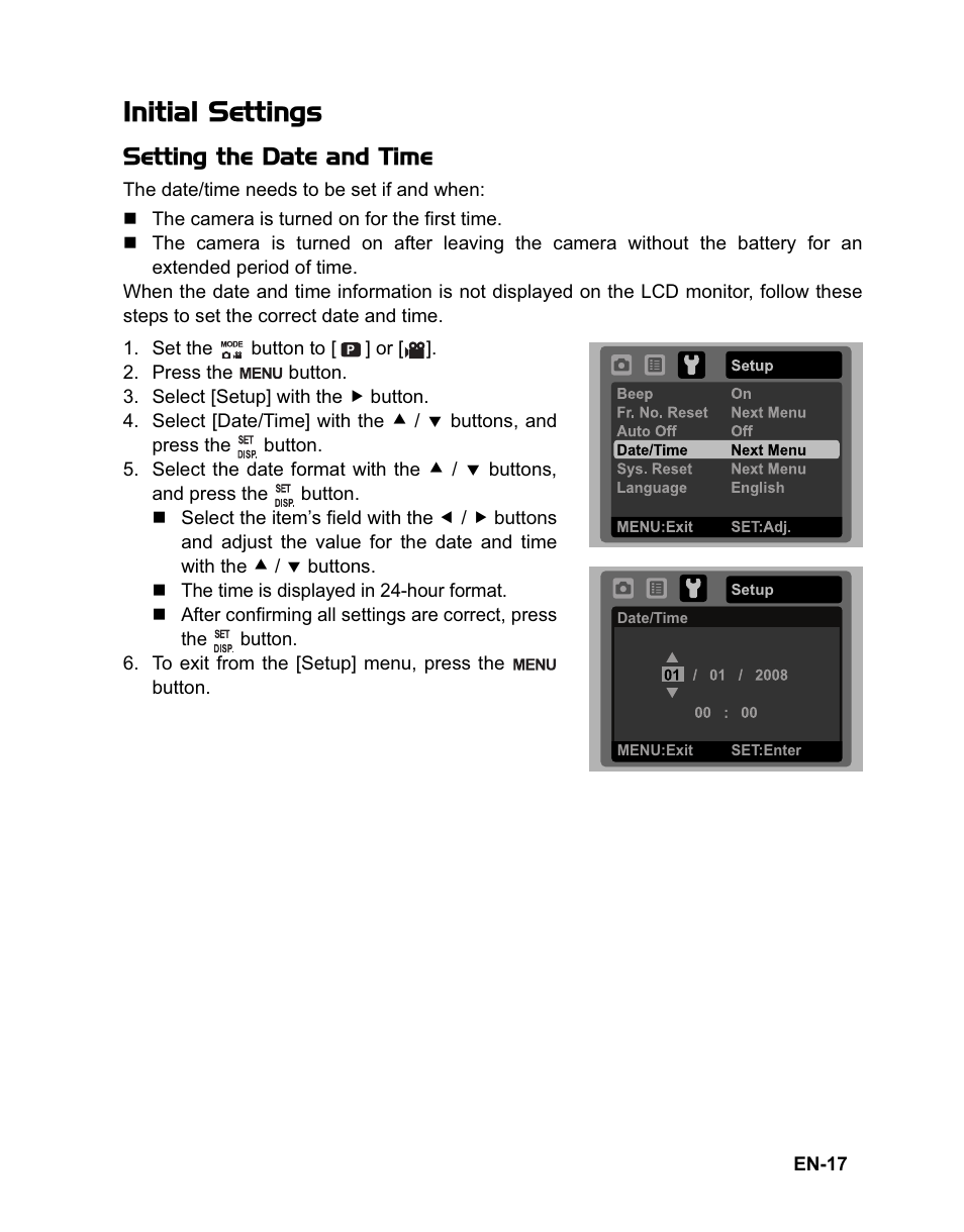 Initial settings, Setting the date and time | Sanyo VPC-T1060 User Manual | Page 18 / 47